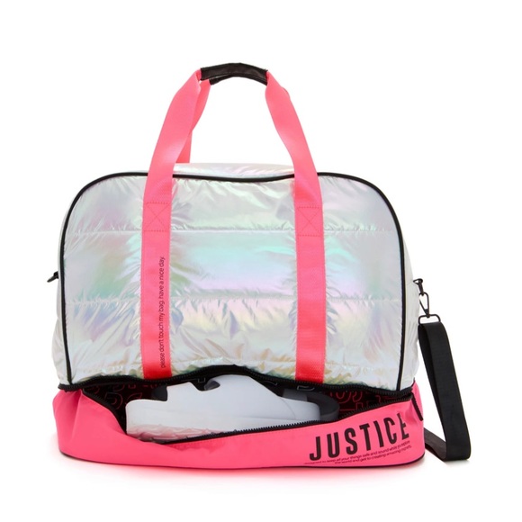 Justice Girls Weekender Duffel Handbag Pink and White Shiny Nylon - Picture 3 of 6